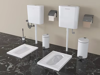 White Urinal With Water Tank Toilet Paper Holder And Trash Bin On Black Marble Countertop 3d model