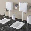 White Urinal With Water Tank Toilet Paper Holder And Trash Bin On Black Marble Countertop