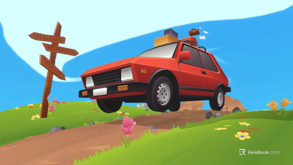 Red Car On Dirt Road With Road Sign Grass Flowers And Roof Luggage 3d model 