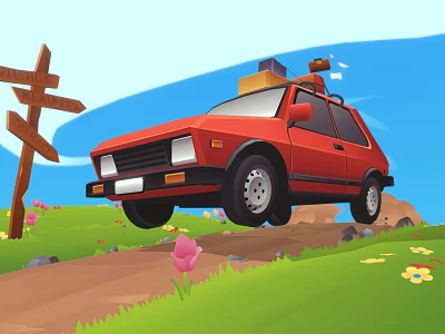 Red Car On Dirt Road With Road Sign Grass Flowers And Roof Luggage 3d model