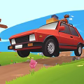 Red Car On Dirt Road With Road Sign Grass Flowers And Roof Luggage