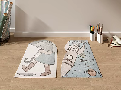 Shaped Kids Room Carpets with Umbrella Girl and Rocket Space Patterns 3d model