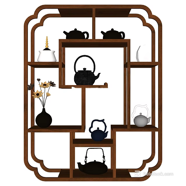 Traditional Wooden Chinese Antique Display Shelf With Teapots Vase And Decorative Items 3d model 