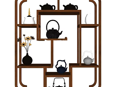 Traditional Wooden Chinese Antique Display Shelf With Teapots Vase And Decorative Items 3d model
