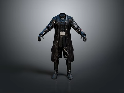 3D Model of Black Leather Long Coat With Belt And Long Sleeves In Standing Pose 3d model