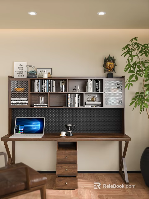 Wooden Desk With Bookshelf Books Photo Frames Decorative Statue Laptop Coffee Cup And Plant 3d model 