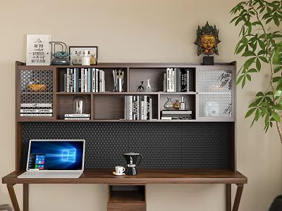 Wooden Desk With Bookshelf Books Photo Frames Decorative Statue Laptop Coffee Cup And Plant 3d model