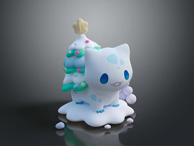 Cute White Plush Doll With Blue Spots Blue Eyes And Small Christmas Tree Decor 3d model