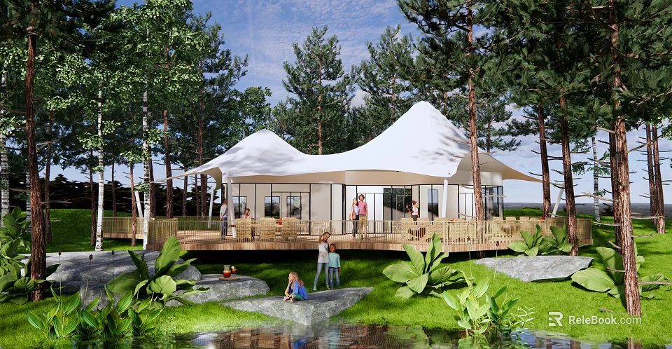 Scenic Camping Site With White Tents Wooden Deck Natural Stream Surrounded By Trees 3d model 