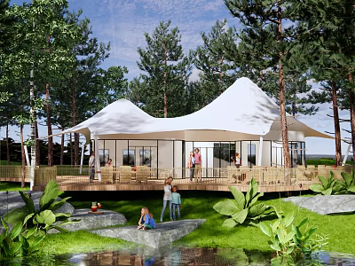 Scenic Camping Site With White Tents Wooden Deck Natural Stream Surrounded By Trees 3d model