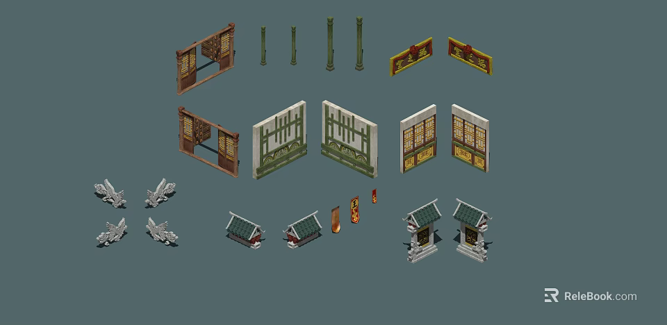 Traditional Chinese Architectural Components With Carved Doors Windows Columns And Roof Elements 3d model 