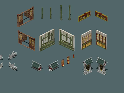 Traditional Chinese Architectural Components With Carved Doors Windows Columns And Roof Elements 3d model
