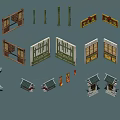 Traditional Chinese Architectural Components With Carved Doors Windows Columns And Roof Elements