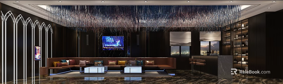 Modern Luxurious KTV Lounge Interior With Comfortable Sofa LED Screen And Decorative Lighting 3d model 