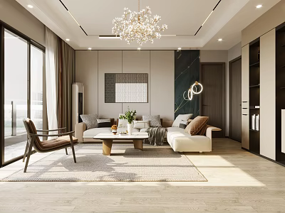 Modern Living Room With Chandelier Sofas And Large Windows 3d model