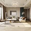 Modern Living Room With Chandelier Sofas And Large Windows 3d model