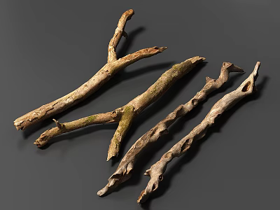 Natural Rustic Stone Wood Decor With Organic Branches And Textured Surfaces 3d model