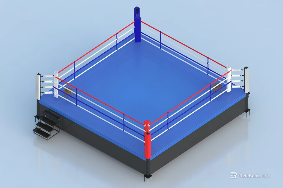 Professional Boxing Ring Sports Equipment With Blue Surface Red White Ropes Corner Posts And Steps 3d model 