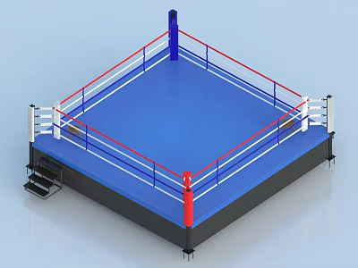 Professional Boxing Ring Sports Equipment With Blue Surface Red White Ropes Corner Posts And Steps 3d model