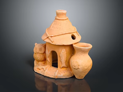 Ceramic Owl Sculpture With Small House Design And Decorative Vase 3d model