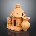 Ceramic Owl Sculpture With Small House Design And Decorative Vase