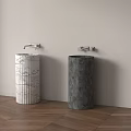 White Marble Pattern And Gray Column Washbasins Wall Mounted With Faucets Light Wall Wooden Floor