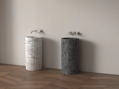 White Marble Pattern And Gray Column Washbasins Wall Mounted With Faucets Light Wall Wooden Floor 3d model