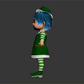 Cartoon Elf Character With Blue Hair Green White Outfit Striped Stockings And Green Shoes