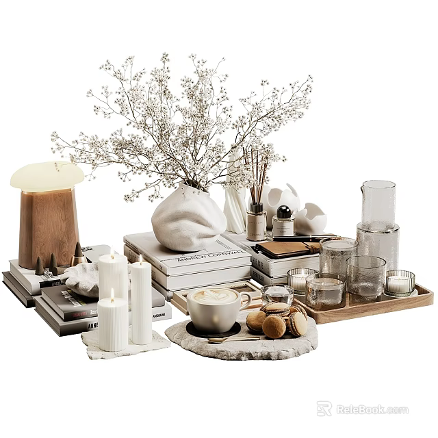 Decorative Ornament Combination With Vase Dried Flowers Candles Tray Books Lamp And Mugs 3d model 