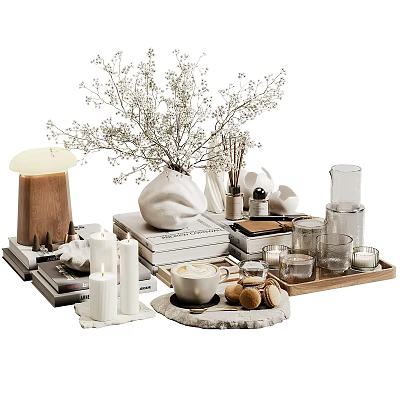 Decorative Ornament Combination With Vase Dried Flowers Candles Tray Books Lamp And Mugs 3d model