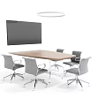 Modern Wooden Conference Table With Ergonomic Chairs Large Screen And Pendant Light