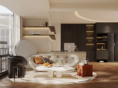 Modern Dining Living Room Design With Sofa Coffee Table Rug And Natural Light Wooden Shelves 3d model