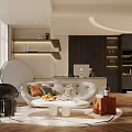Modern Dining Living Room Design With Sofa Coffee Table Rug And Natural Light Wooden Shelves