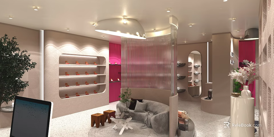 Modern Boutique Interior With Curved Shelves Pink Accent Sofa And Plant Lighting 3d model 