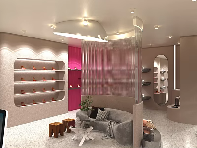 Modern Boutique Interior With Curved Shelves Pink Accent Sofa And Plant Lighting 3d model