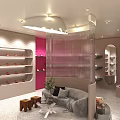 Modern Boutique Interior With Curved Shelves Pink Accent Sofa And Plant Lighting