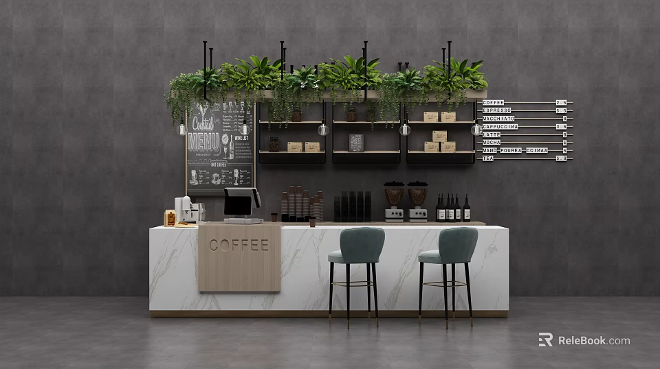 Modern Coffee Bar Counter Interior With Hanging Plants Green Chairs And Coffee Items On Shelves 3d model 