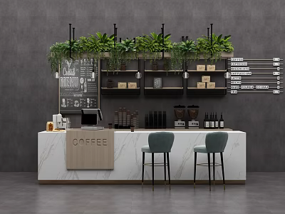 Modern Coffee Bar Counter Interior With Hanging Plants Green Chairs And Coffee Items On Shelves 3d model