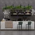 Modern Coffee Bar Counter Interior With Hanging Plants Green Chairs And Coffee Items On Shelves
