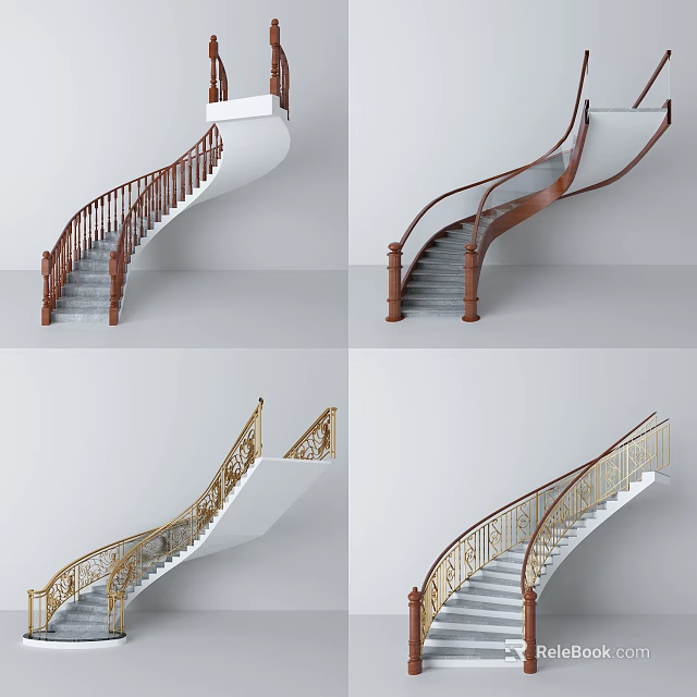 Elegant Modern Spiral Staircase With Wooden Golden Handrail And Gray Steps 3d model 