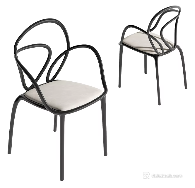 Modern Dining Chairs With Curved Black Metal Frame And Beige Fabric Upholstered Seat 3d model 