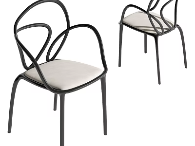 Modern Dining Chairs With Curved Black Metal Frame And Beige Fabric Upholstered Seat 3d model
