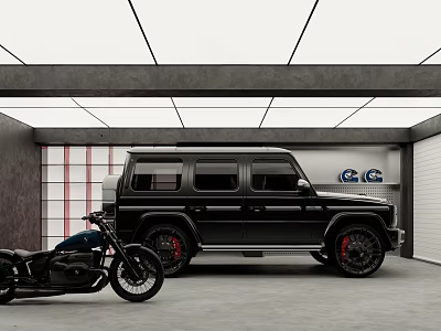 Modern Parking Garage Featuring Black Mercedes G Class Black Motorcycle And Red White Striped Door 3d model