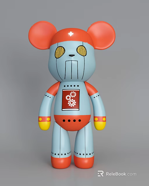 Blue Robot Design Doll With Red Ears Yellow Hands And Chest Gear Pattern Decoration 3d model 