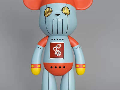 Blue Robot Design Doll With Red Ears Yellow Hands And Chest Gear Pattern Decoration 3d model
