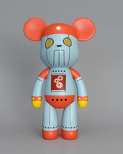Blue Robot Design Doll With Red Ears Yellow Hands And Chest Gear Pattern Decoration 3d model