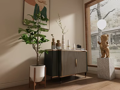 Modern Home Balcony With Large Green Plant Side Cabinet Window Blinds And Decorative Items 3d model
