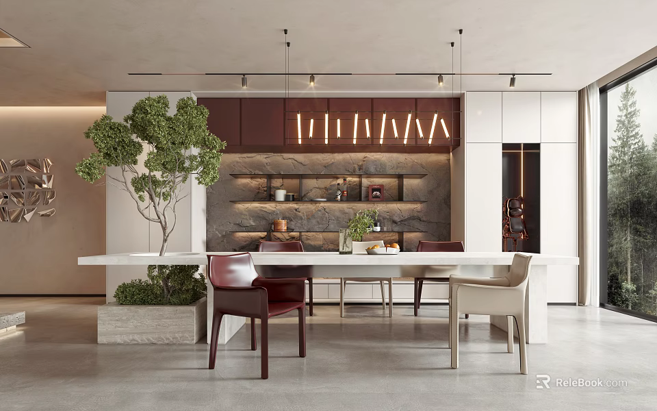 Modern Restaurant Interior Design With Open Kitchen Dining Table Chairs And Green Plant Decor 3d model 