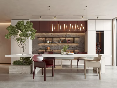 Modern Restaurant Interior Design With Open Kitchen Dining Table Chairs And Green Plant Decor 3d model