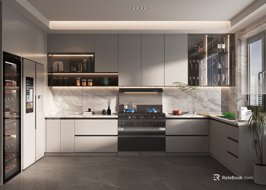 Modern Kitchen With Gray Cabinets Marble Countertop Wine Fridge And Appliances 3d model 